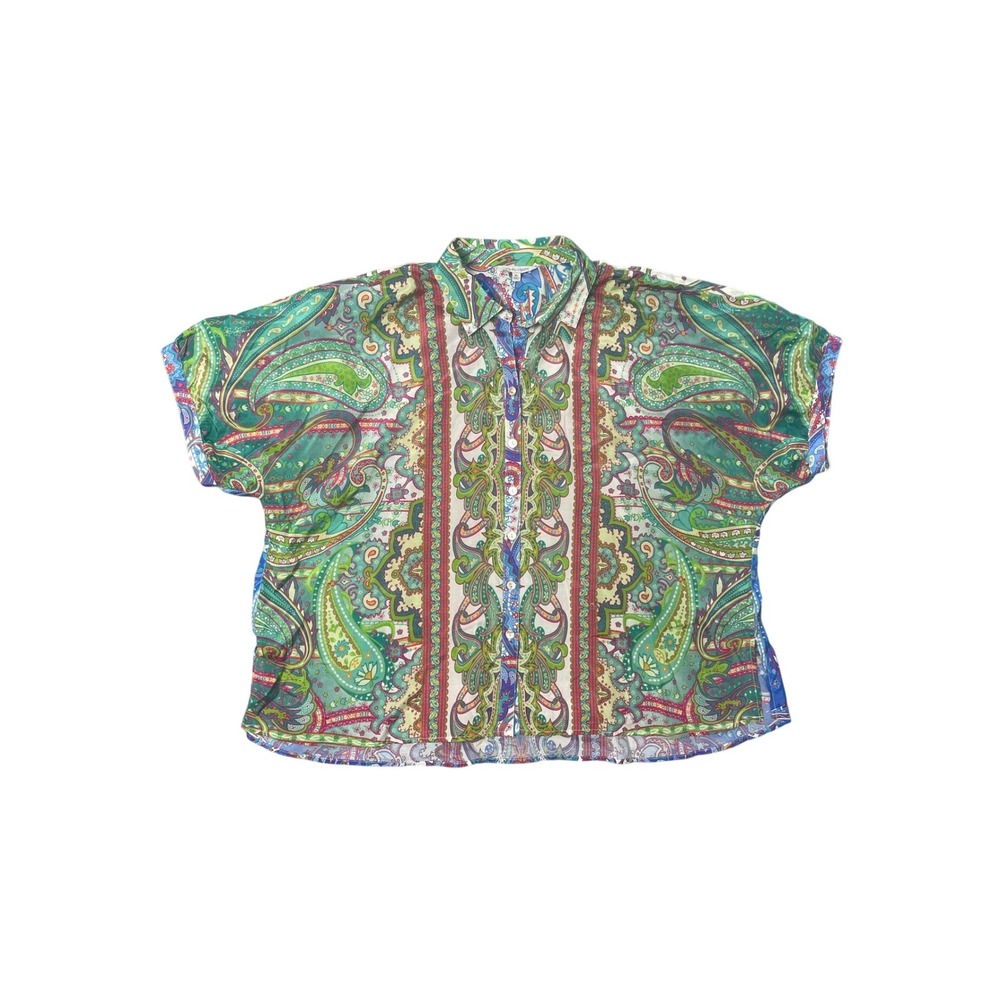 John Mark Colorful Boho Paisley Dolman Short Sleeve Button Up Shirt Women's XL